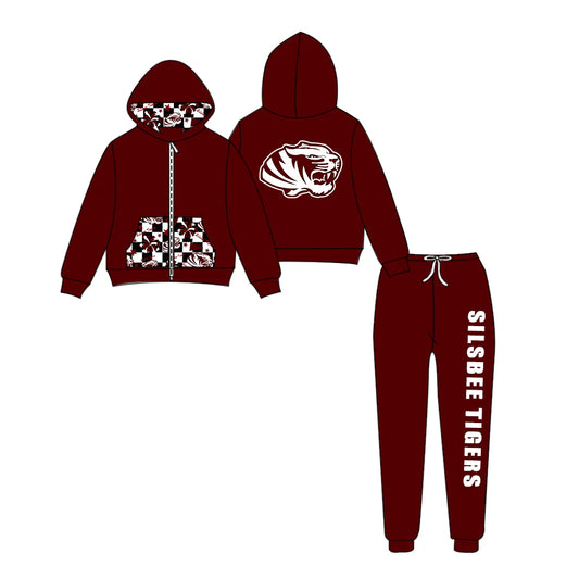 (Custom Design Preorder MOQ 5) Team's SILSBEE TIGERS Zipper Hoodie Top Brown Pants Kids Fall Clothes Set