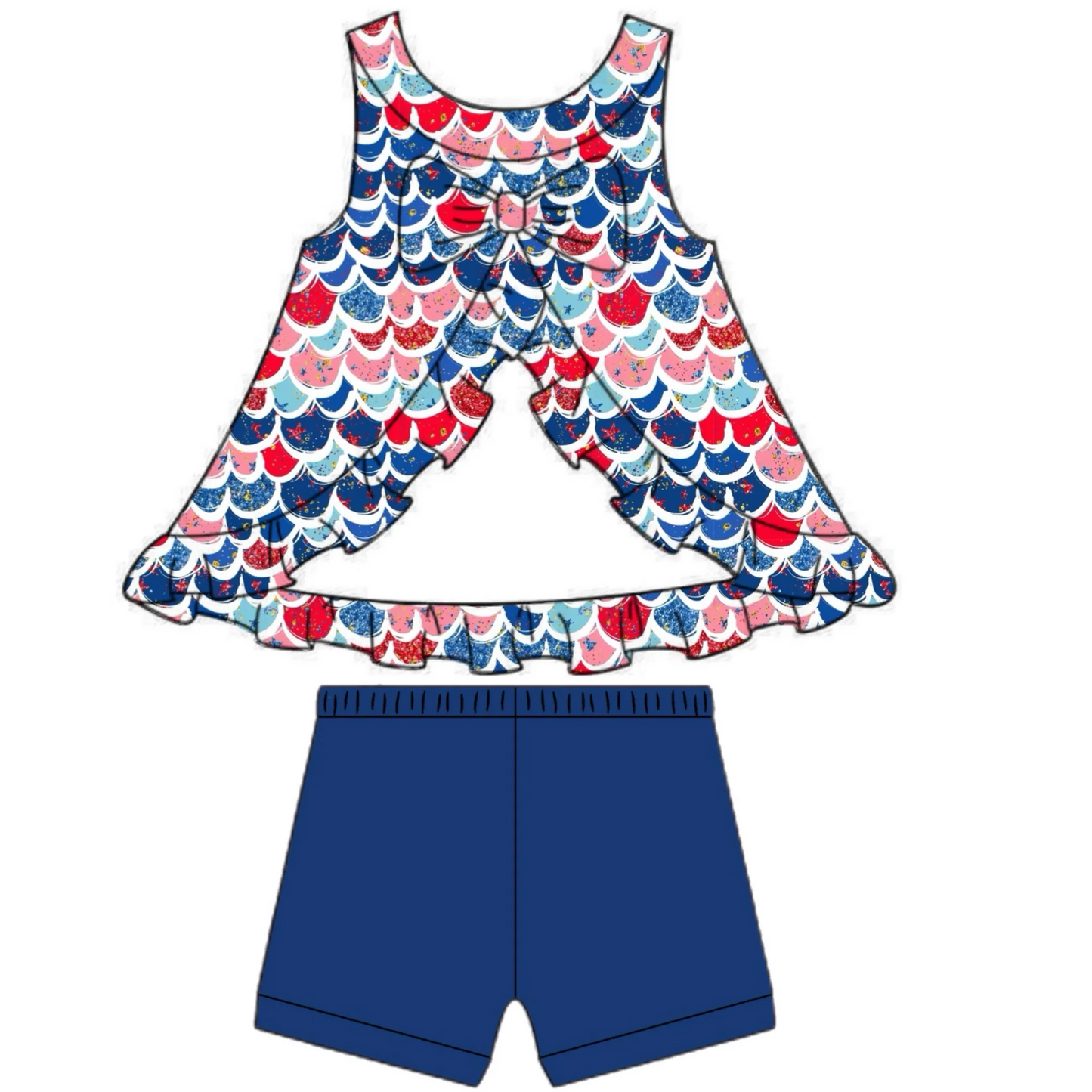 (Custom Design Preorder MOQ 5) Mermaid Scale Top Blue Shorts Girls 4th of July Clothes Set