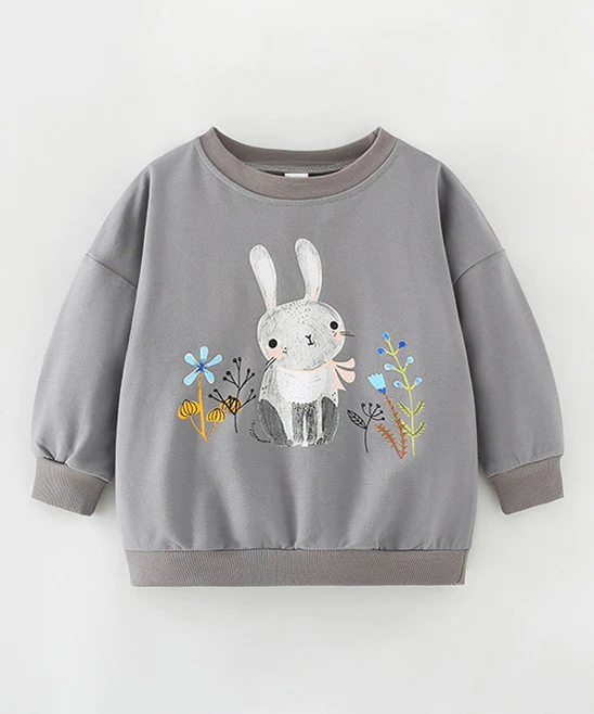 (Custom Design Preorder MOQ 5) Grey Bunny Flowers Print Girls Easter Tee Shirts Top