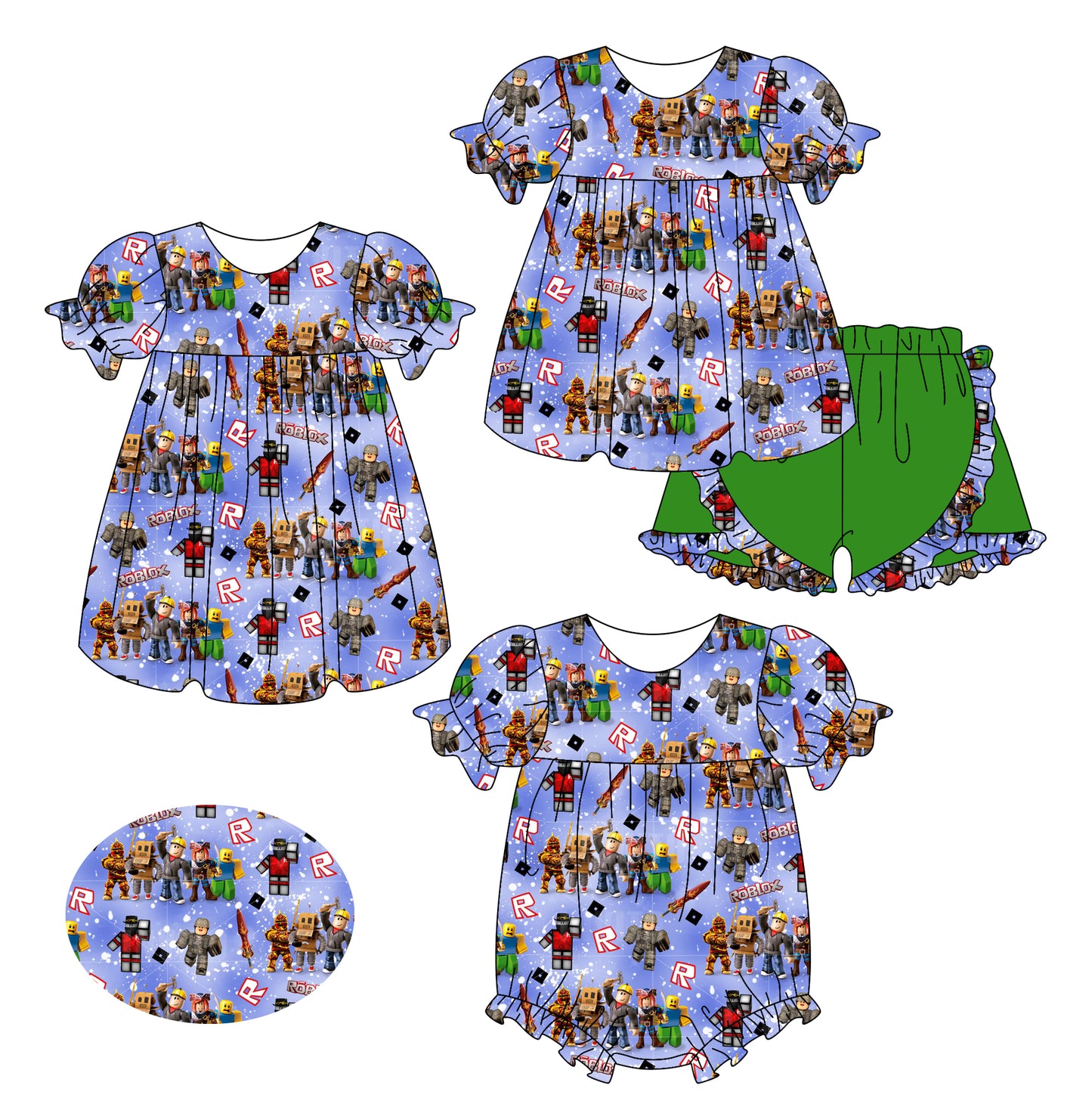 2.19(Custom Design Preorder MOQ 5 Each Design) Cartoon Games Roblo* Purple Print Girls Summer Matching Clothes Sisters Wear