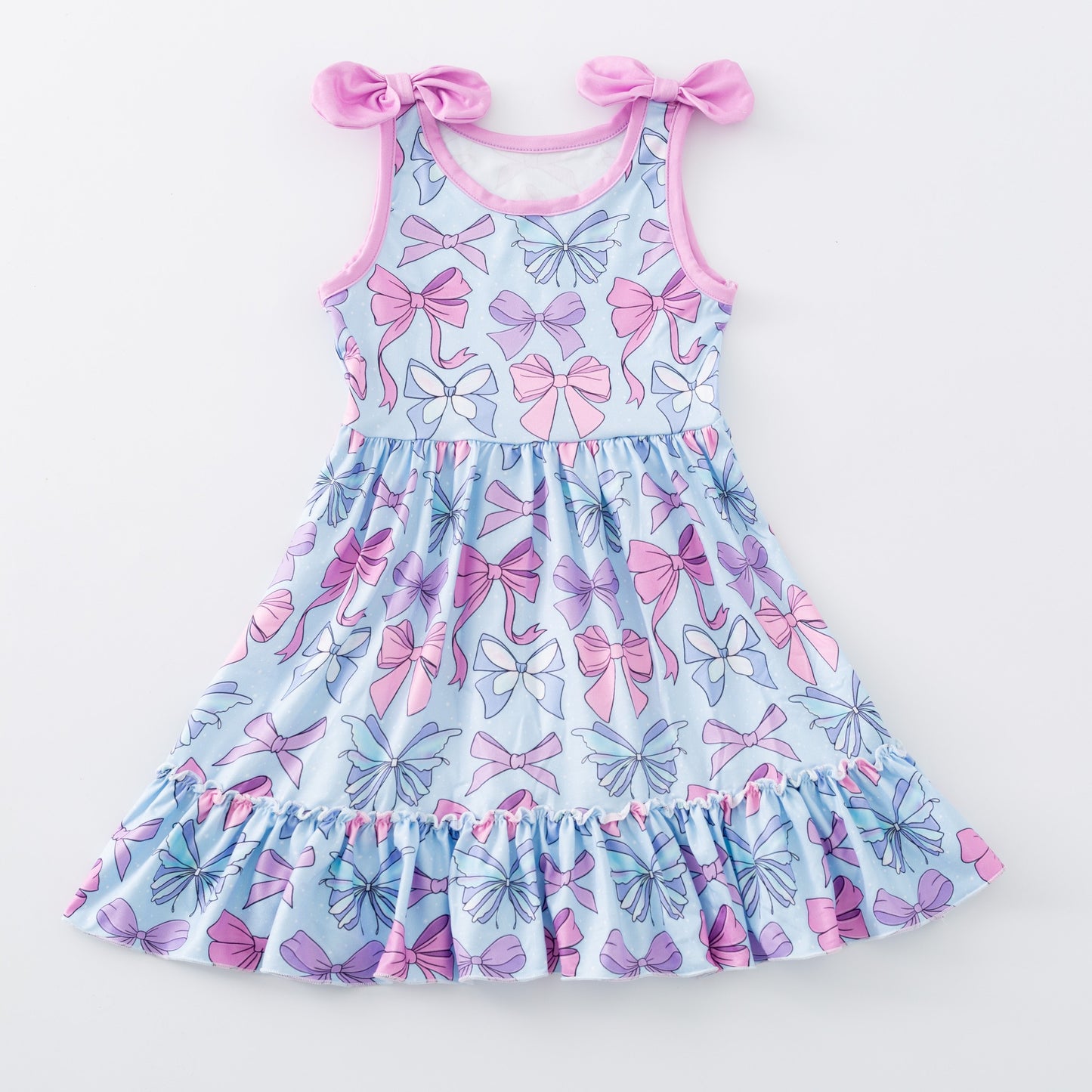(Custom Design Preorder MOQ 5 ) Purple Blue Bows Print Girls Summer Knee Length Dress