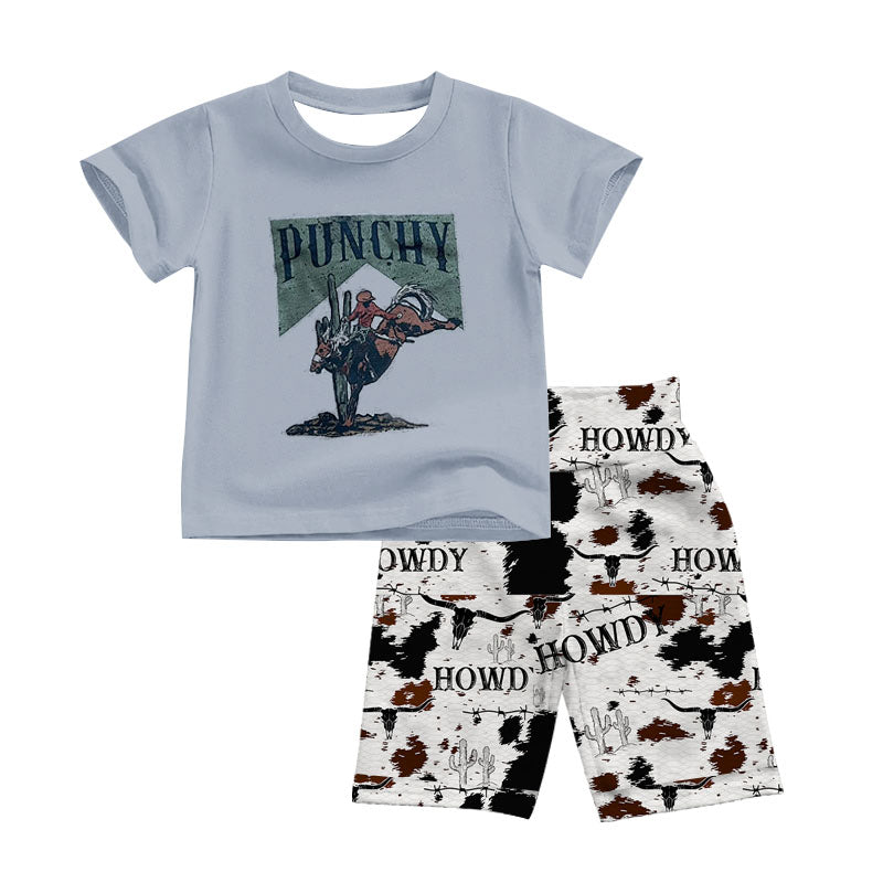 (Custom Design Preorder MOQ 5) Punchy Howd Cow Skull Shorts Boys Western Clothes Set