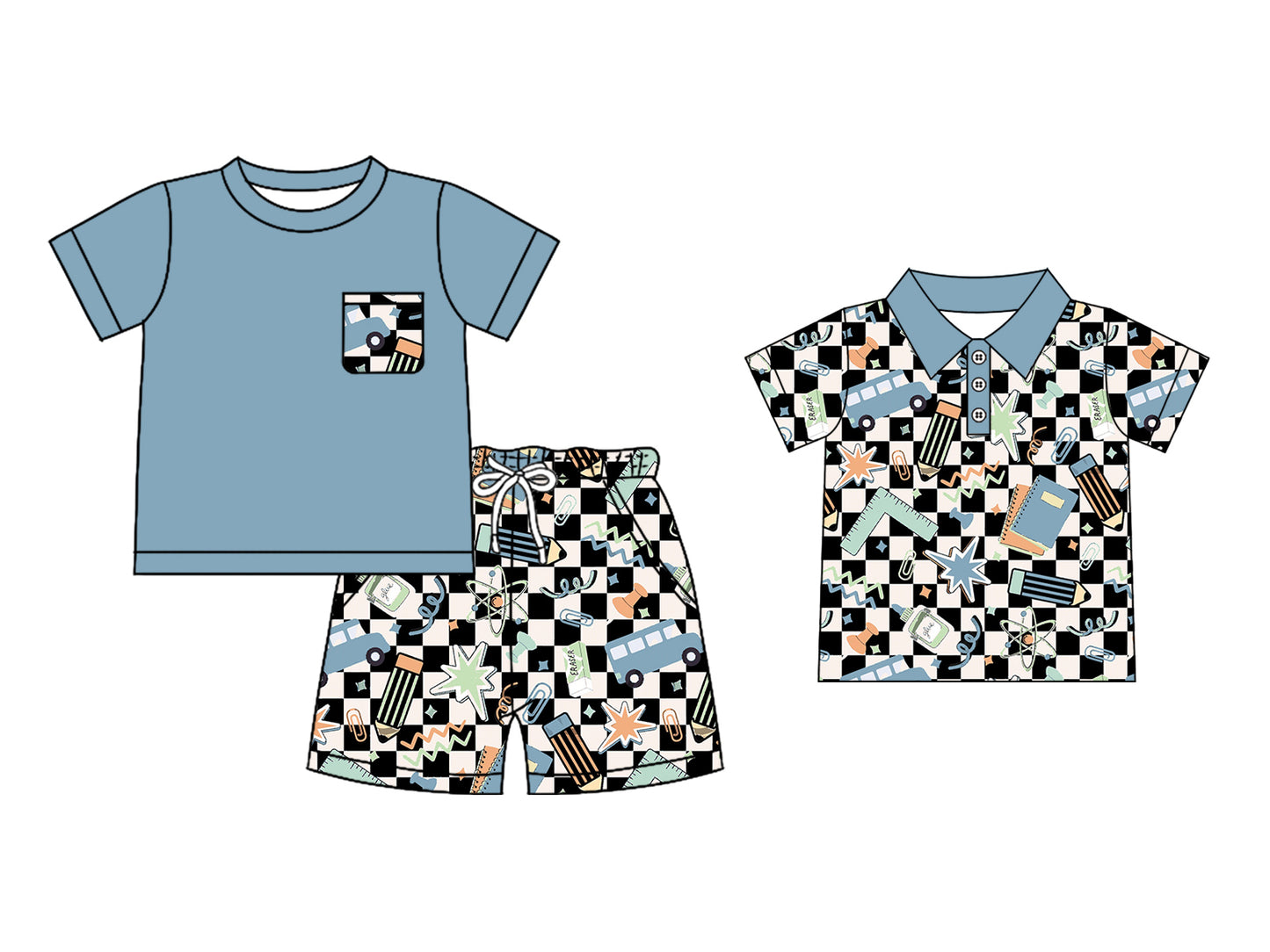 5.6(Custom Design Preorder MOQ 5 Each Design) Bows Pen Plaid Print Boys Back to School Matching Clothes Brothers Wear