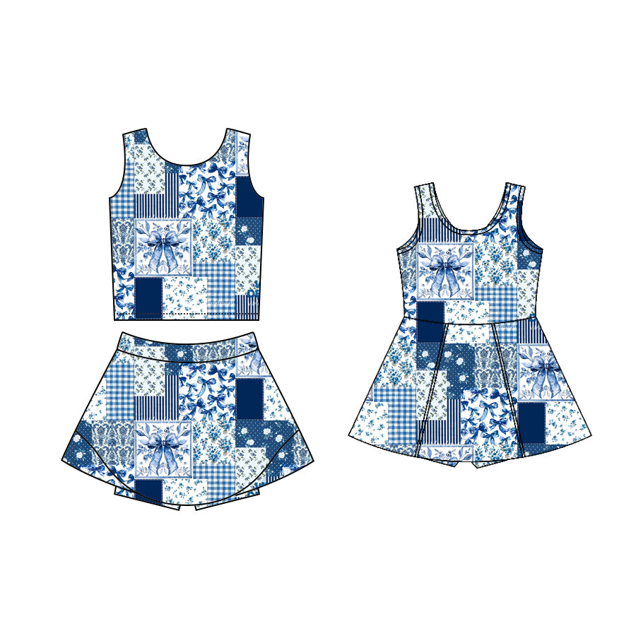 2.8(Custom Design Preorder MOQ 5 Each Design) Blue Flowers Bows Print Girls Summer Matching Clothes Sisters Wear