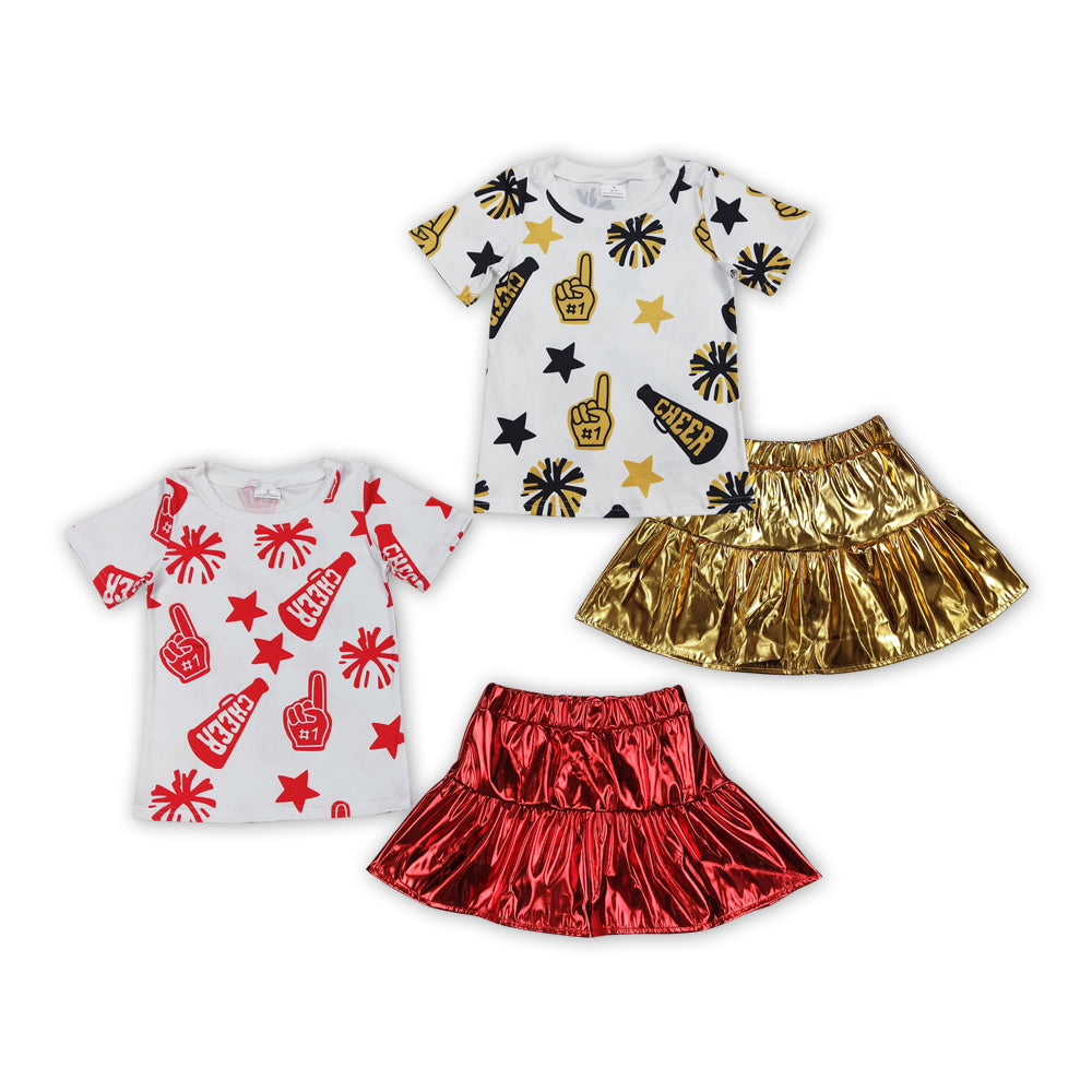 Cheer Top Golden & Red Pleather Elastic Skirts Girls Summer Clothes Set Sisters Wear