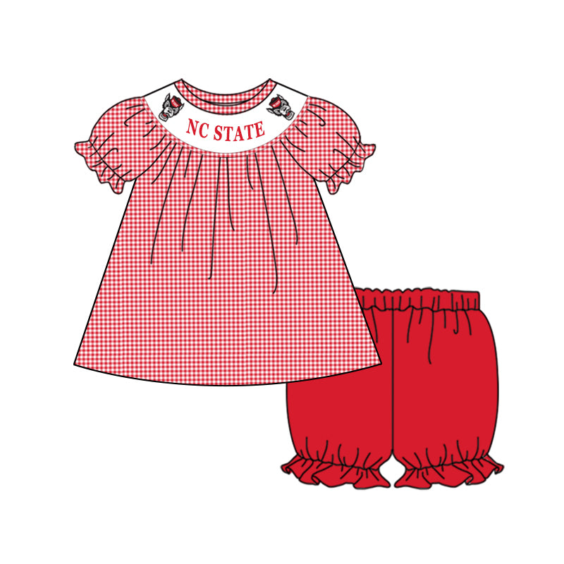 (Custom Design Preorder MOQ 5) Team's NC STATE Red Print Girls Summer Clothes Set