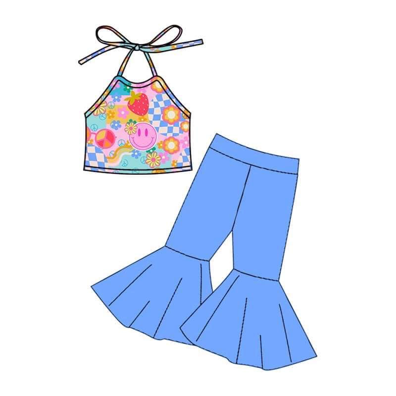 (Custom Design Preorder MOQ 5) Smiling Face Halter Top Blue Bell Pants Girls Clothes Set