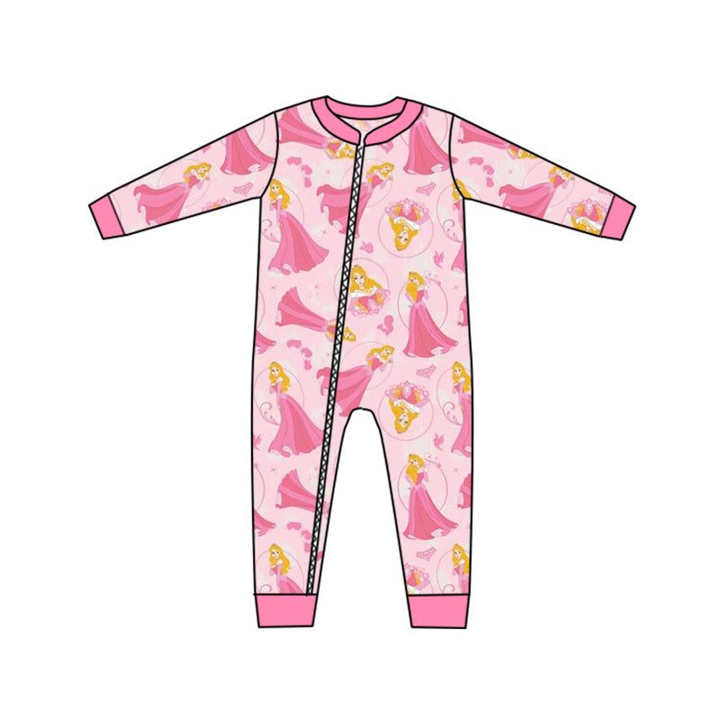 (Custom Design MOQ 5) Cartoon pink princess baby girls zipper romper