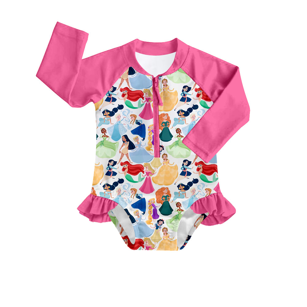 (Custom Design Preorder MOQ 5) Cartoon Princess Print Girls 1 Piece Long Sleeve Zipper Swimsuits