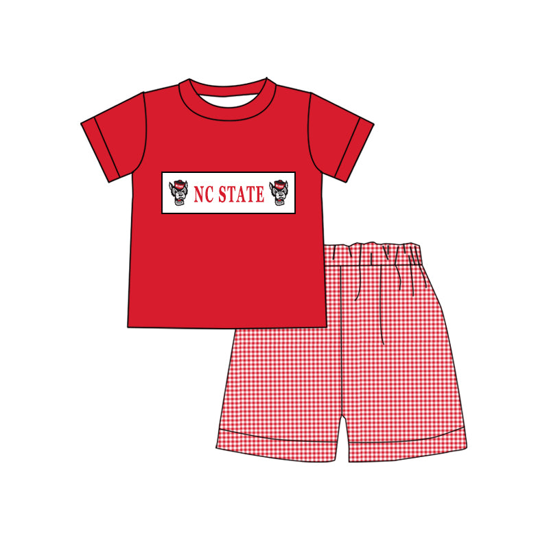 (Custom Design Preorder MOQ 5) Team's NC STATE Red Print Boys Summer Clothes Set
