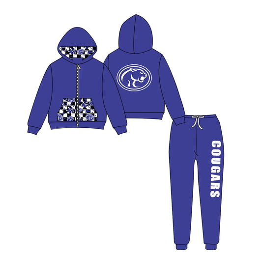 (Custom Design Preorder MOQ 5) Team's COUGARS Zipper Hoodie Top Blue Pants Kids Fall Clothes Set