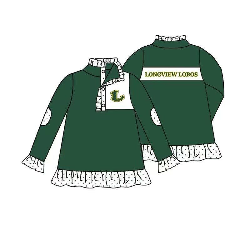 (Custom Design MOQ 5) Girls green football team's long sleeve button pullover shirts