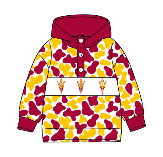 (Custom Design Preorder MOQ 5) Team's Arizona State Sun Devils Camo Print Kids Long Sleeve Buttons Hoodie Top