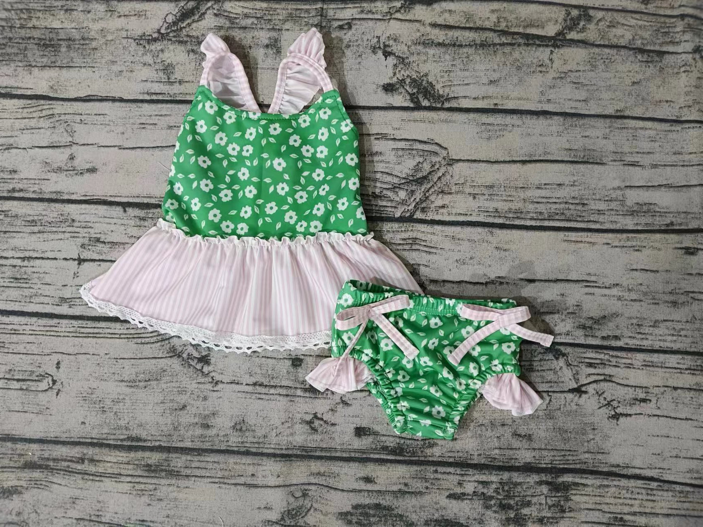 (Custom Design Preorder MOQ 5) Green Flowers Print Girls 2 Pieces Swimsuits