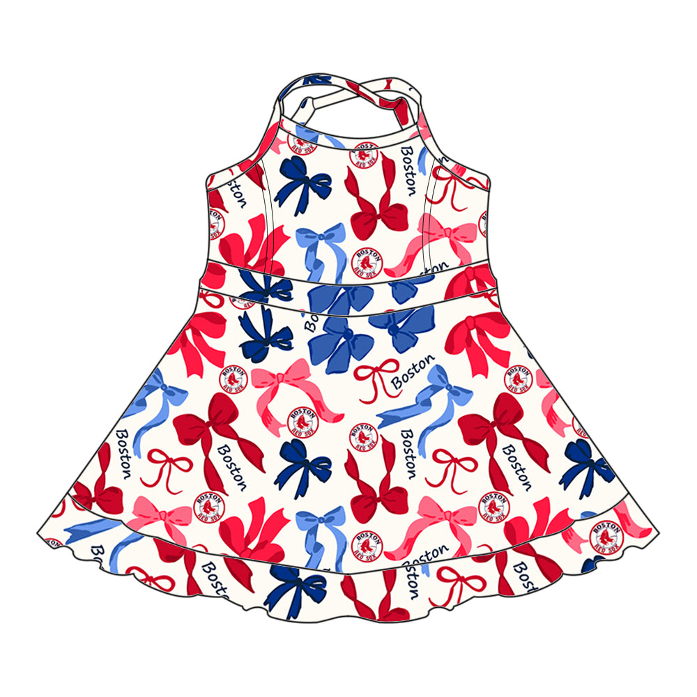 (Custom Design Preorder MOQ 5 Each Color) Team's Boston Bows Print Girls Summer Clothes Sisters Matching Wear