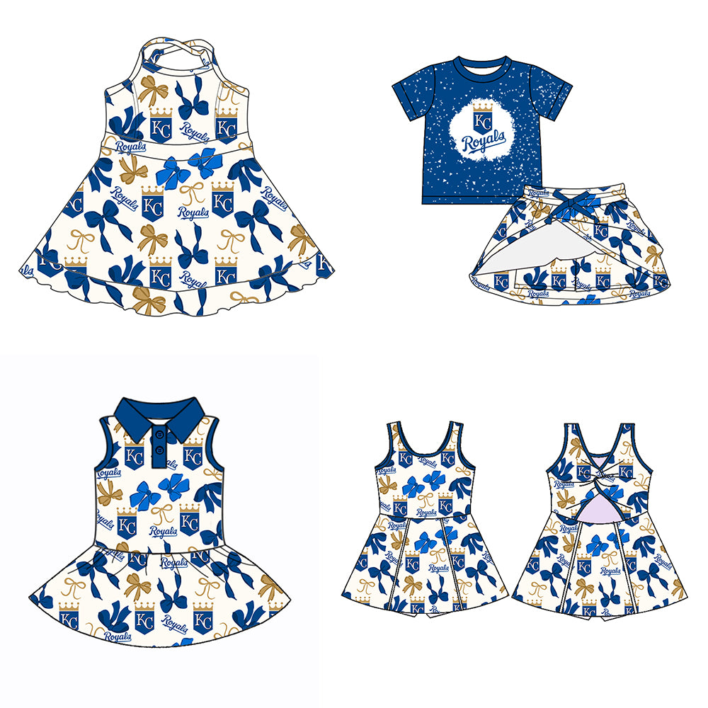 (Custom Design Preorder MOQ 5 Each Color) Team's ROYALS Bows Print Girls Summer Clothes Sisters Matching Wear