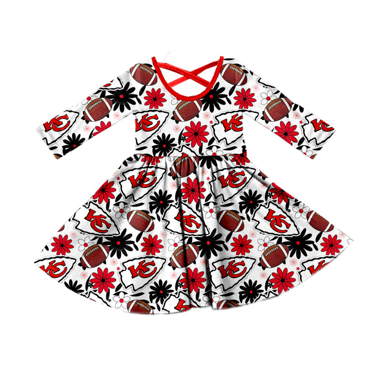 (Custom Design Preorder MOQ 5) Team's KC Flowers Print Girls Fall Knee Length Dress