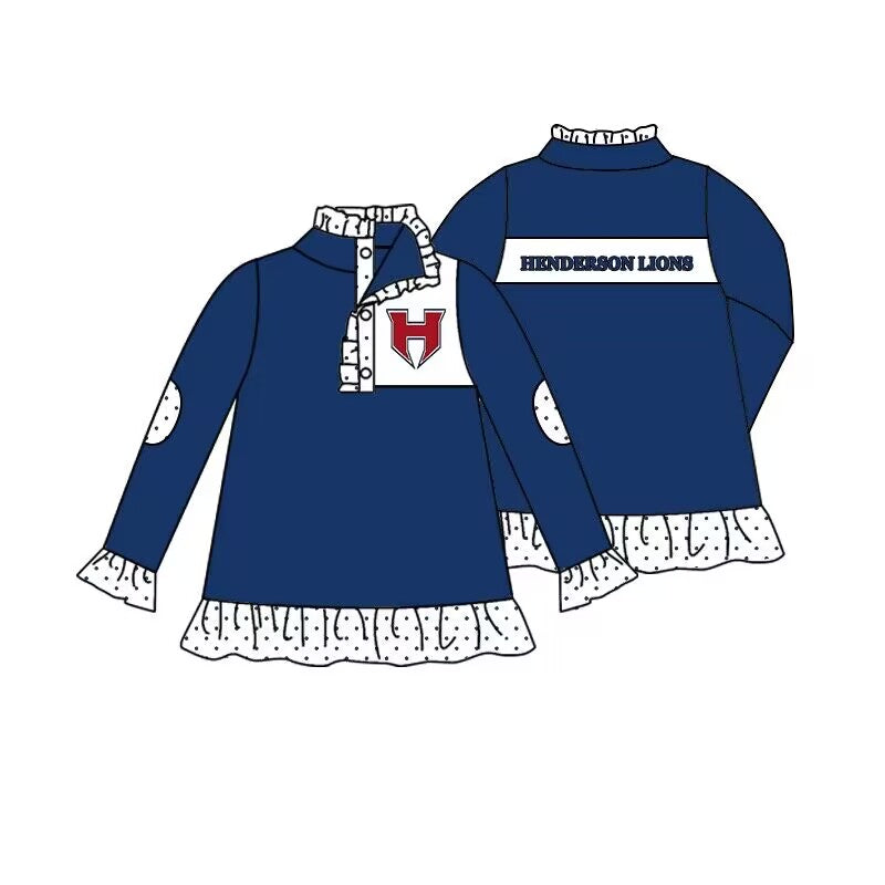 (Custom Design MOQ 5) Girls dark blue football team's long sleeve button pullover shirts