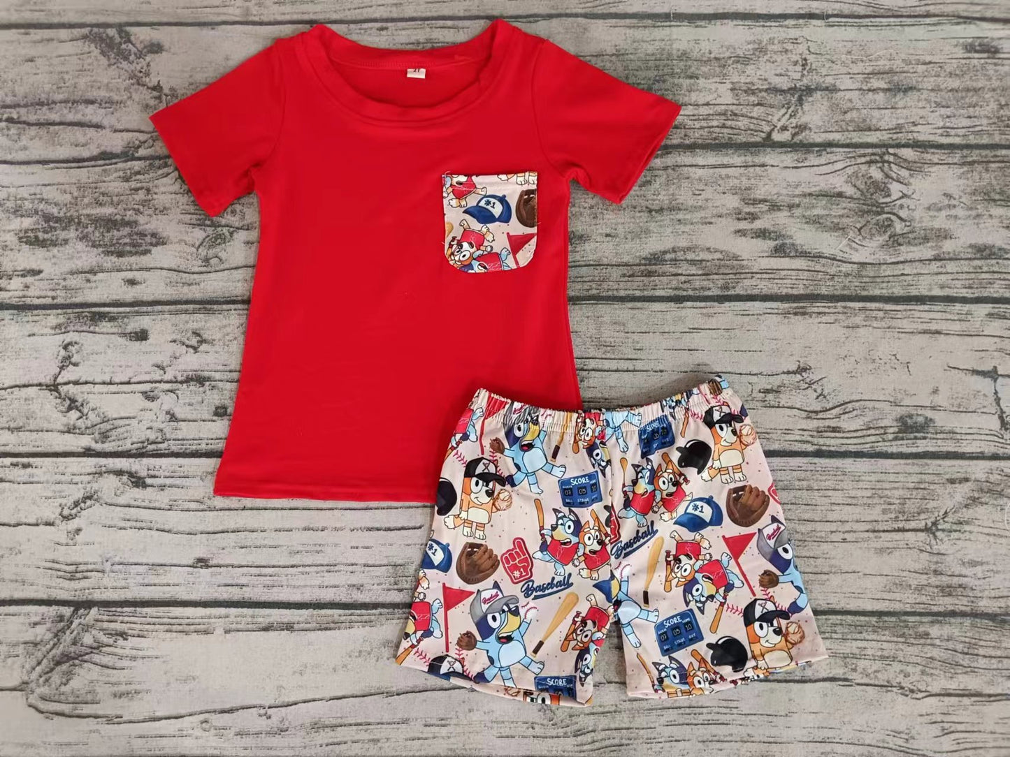 (Custom Design Preorder MOQ 5) Red Pocket Top Cartoon Dog Shorts Boys Summer Clothes Set