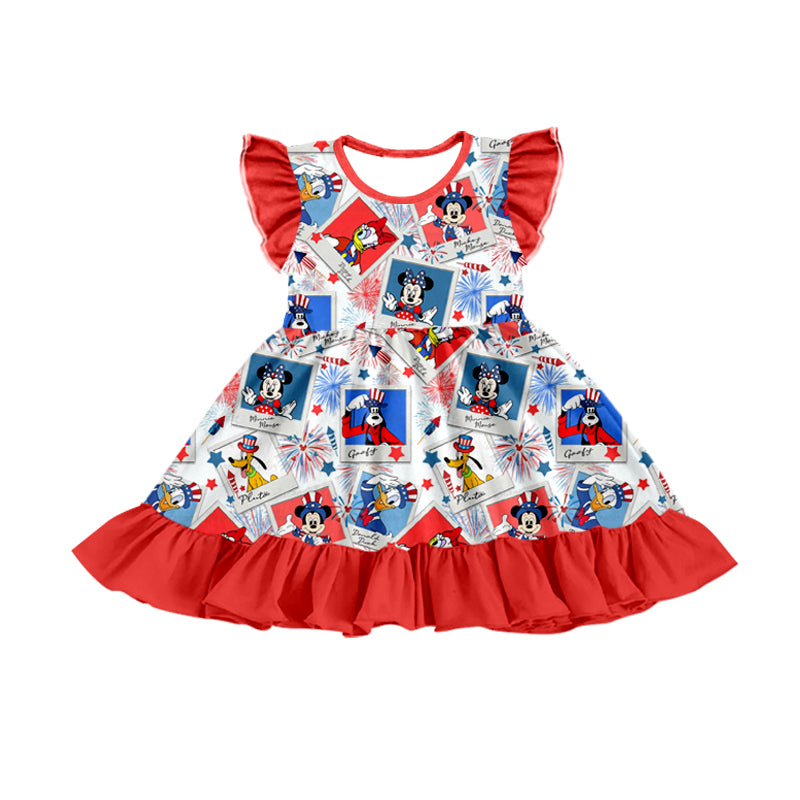 (Custom Design Preorder MOQ 5) Cartoon Animals Print Girls 4th of July Dress