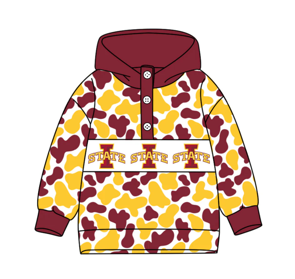 (Custom Design Preorder MOQ 5) Team's Iowa State Cyclones Camo Print Kids Long Sleeve Buttons Hoodie Top