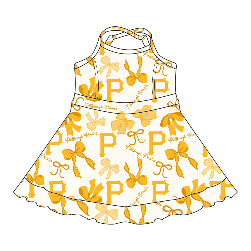 (Custom Design Preorder MOQ 5 Each Color) Team's PIRATES Bows Print Girls Summer Clothes Sisters Matching Wear