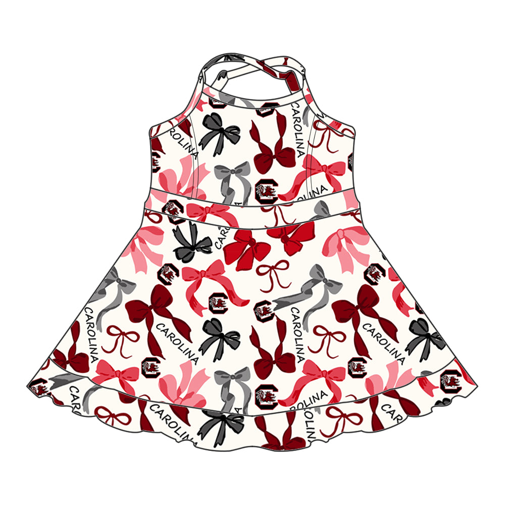 (Custom Design Preorder MOQ 5 Each Color) Team's CAROLINA Bows Print Girls Summer Clothes Sisters Matching Wear