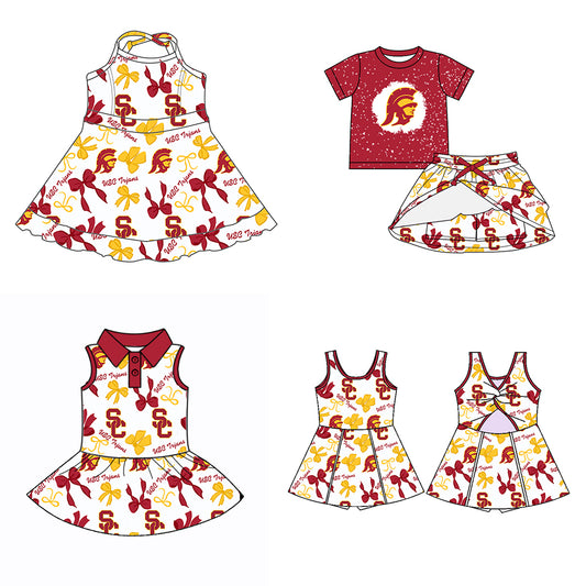 (Custom Design Preorder MOQ 5 Each Color) Team's USC Trjans Bows Print Girls Summer Clothes Sisters Matching Wear