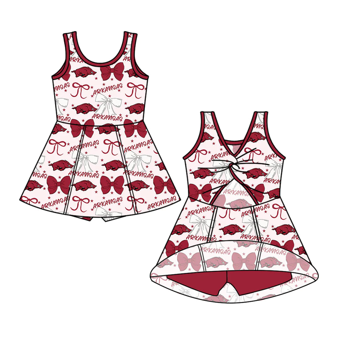 (Custom Design Preorder MOQ 5) Team's Arkansas Bows Print Backless Top Shorts Skirts Girls Summer Yoga Dress