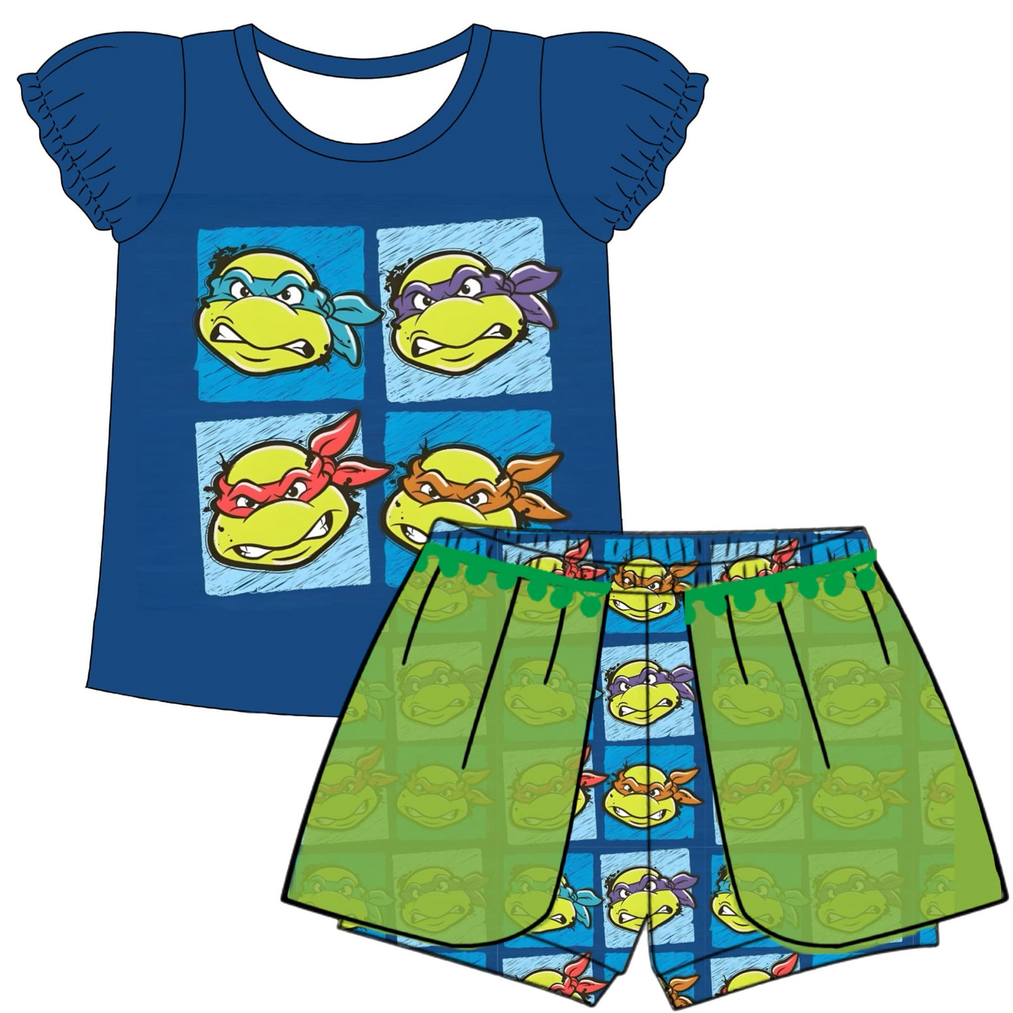 (Custom Design Preorder MOQ 5) Cartoon Tortoise Print Girls Summer Clothes Set