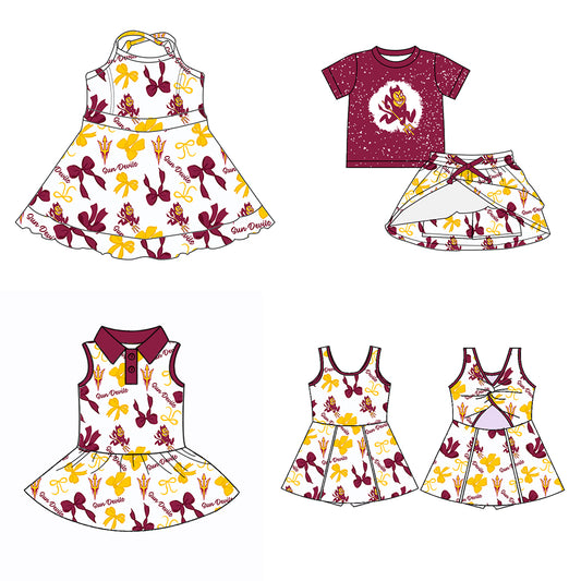 (Custom Design Preorder MOQ 5 Each Color) Team's Arizona State Sun Devils Bows Print Girls Summer Clothes Sisters Matching Wear