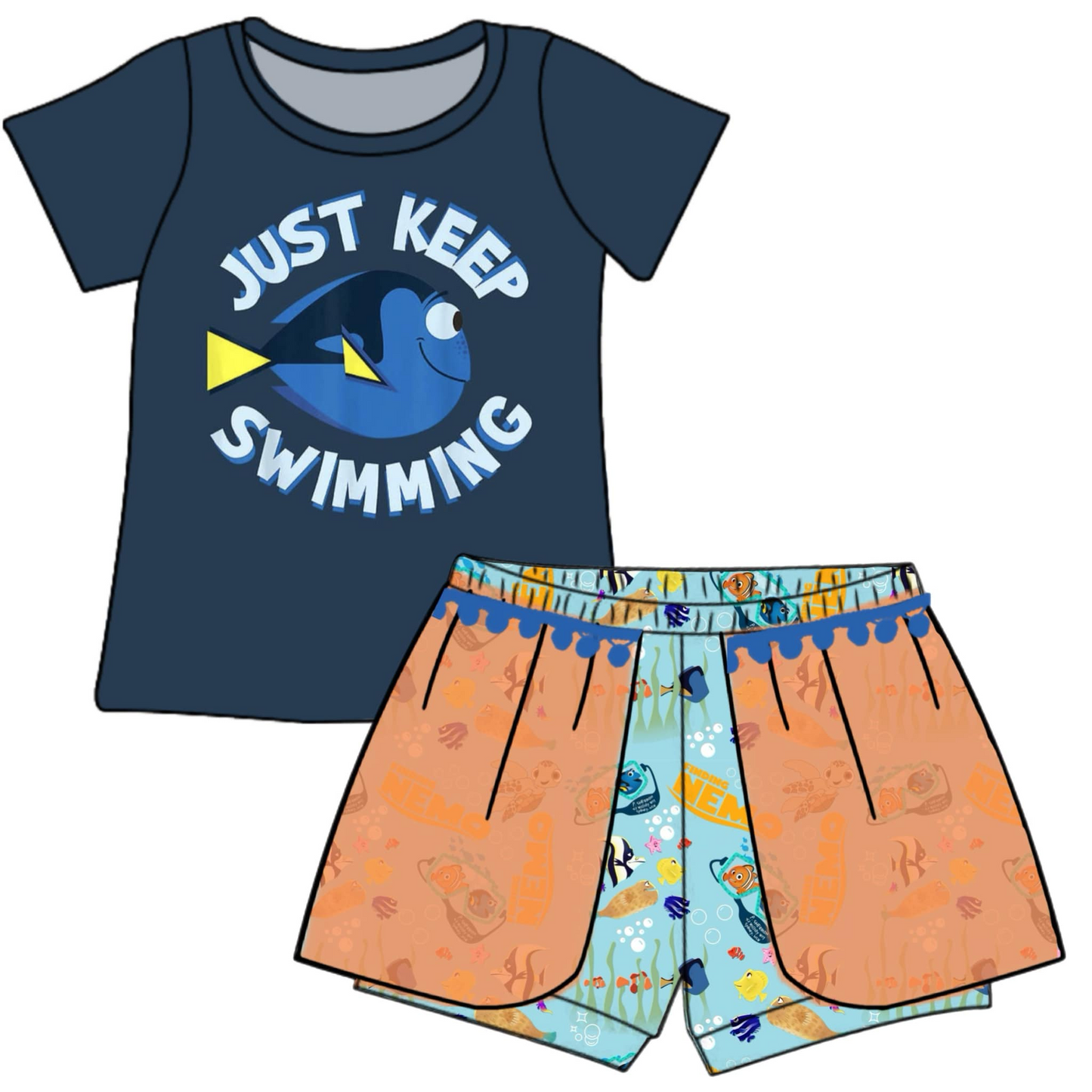(Custom Design Preorder MOQ 5) Cartoon Fish Print Girls Summer Clothes Set