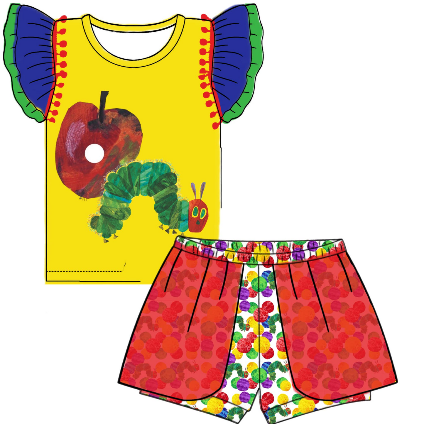 (Custom Design Preorder MOQ 5) Caterpillar Print Girls Summer Clothes Set