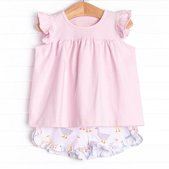 (Custom Design Preorder MOQ 5) Pink Tunic Top Duck Shorts Girls Summer Clothes Set