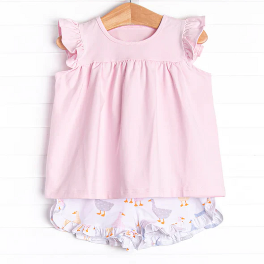 (Custom Design Preorder MOQ 5) Pink Tunic Top Duck Shorts Girls Summer Clothes Set