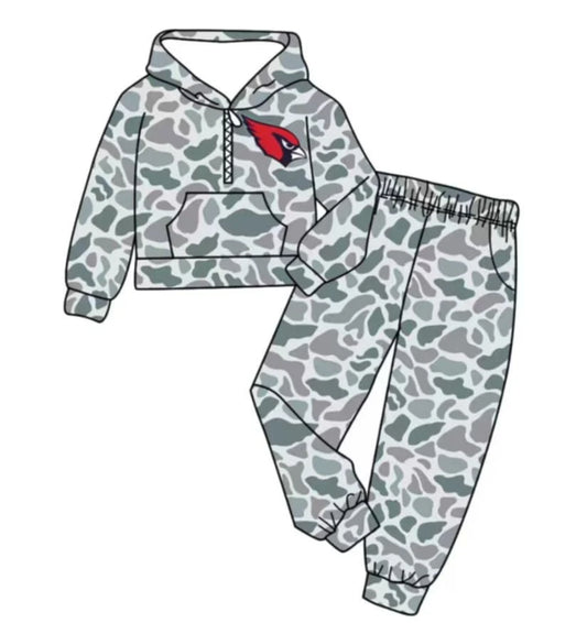 (Custom Design Preorder MOQ 5) Team's Cardinals Grey Camo Print Hoodie Zipper Top Pockets Pants Boys Fall Clothes Set