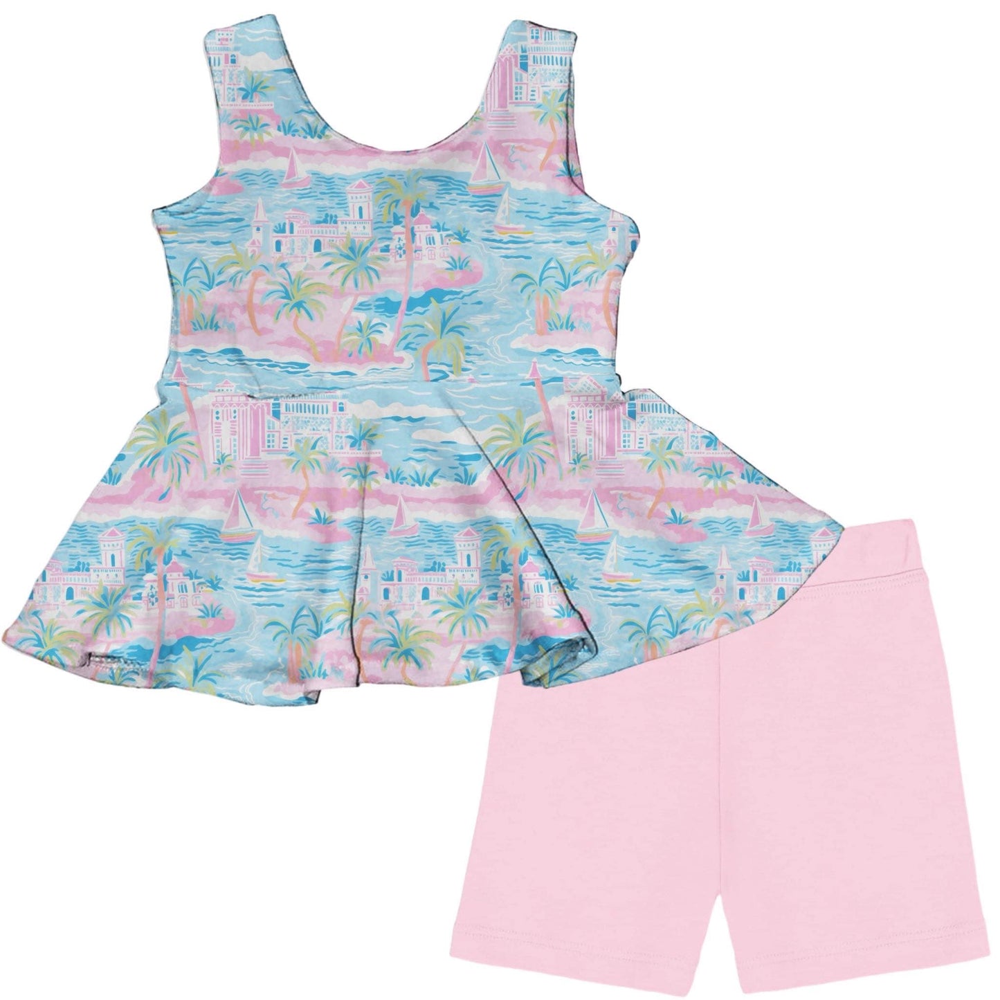 (Custom Design Preorder MOQ 5) Seaside Tunic Top Pink Shorts Girls Summer Clothes Set