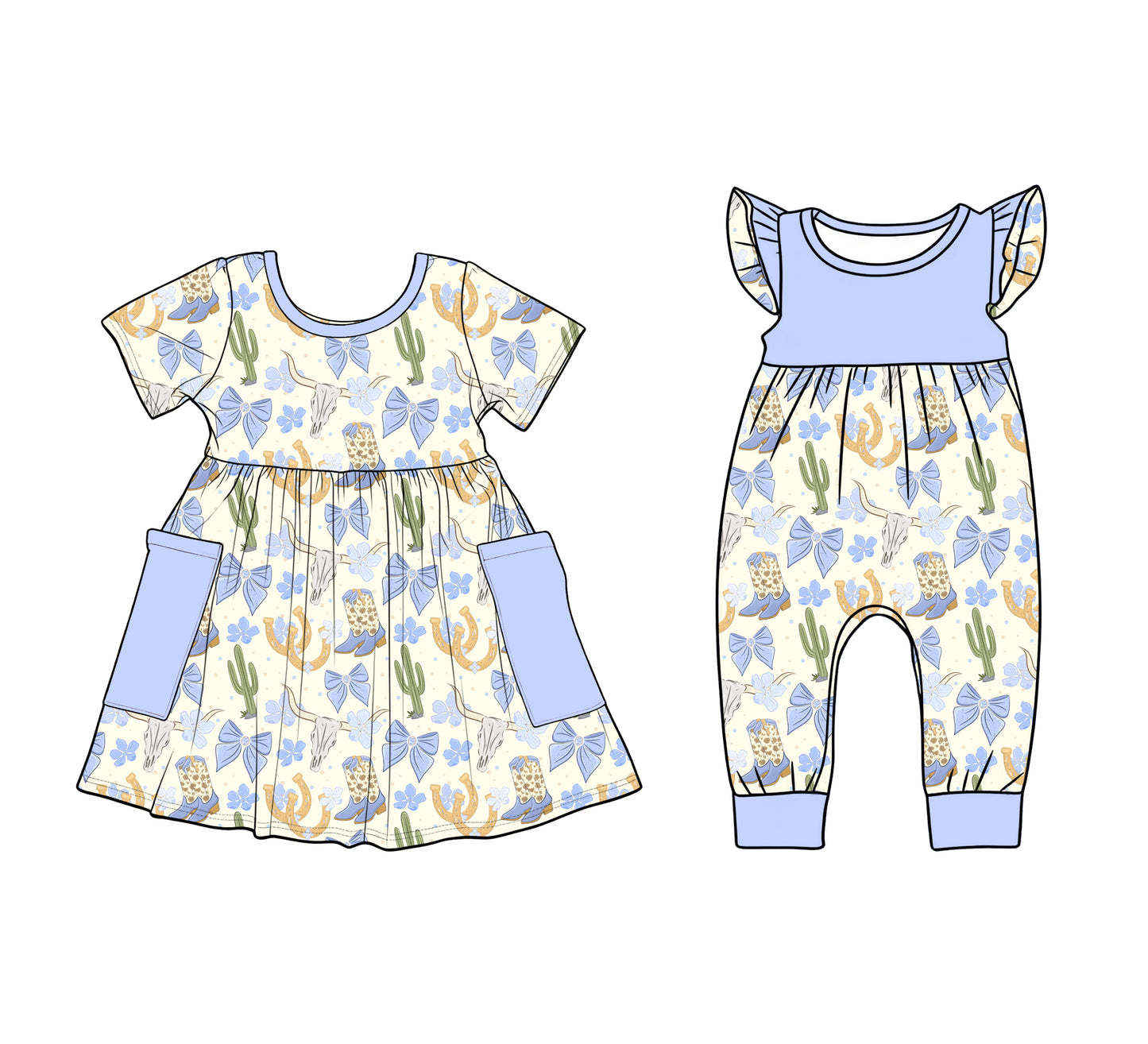 12.9 (Custom Design Preorder MOQ 5 Each Design) Cow Skull Bows Flowers Print Girls Summer Western Matching Clothes Sisters Wear