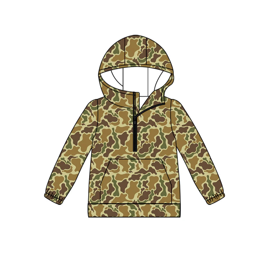 (Custom Design Preorder MOQ 5) Green Camo Print Kids Long Sleeve Hoodie Zipper Tops