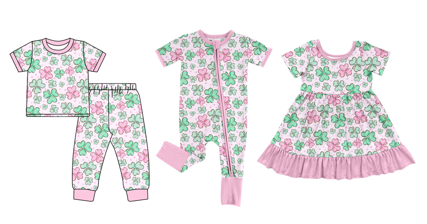 12.9(Custom Design Preorder MOQ 5 Each Design) Leaf Print Girls St. Patrick's Day Matching Clothes Sisters Wear