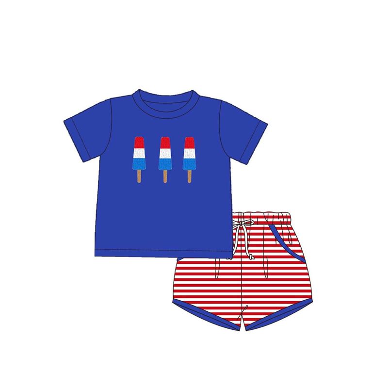 (Custom Design Preorder MOQ 5) Popsicle Blue Top Red Stripes Pockets Shorts Boys 4th of July Clothes Set