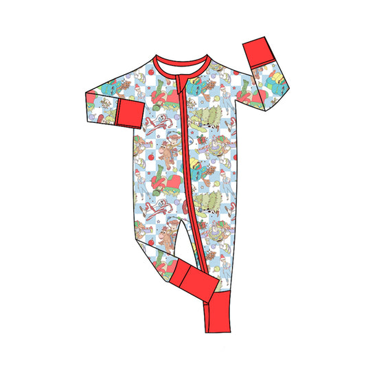 (Custom Design Preorder MOQ 20)  Cartoon Toys Print Baby Bamboo Christmas Sleeper Zipper Romper