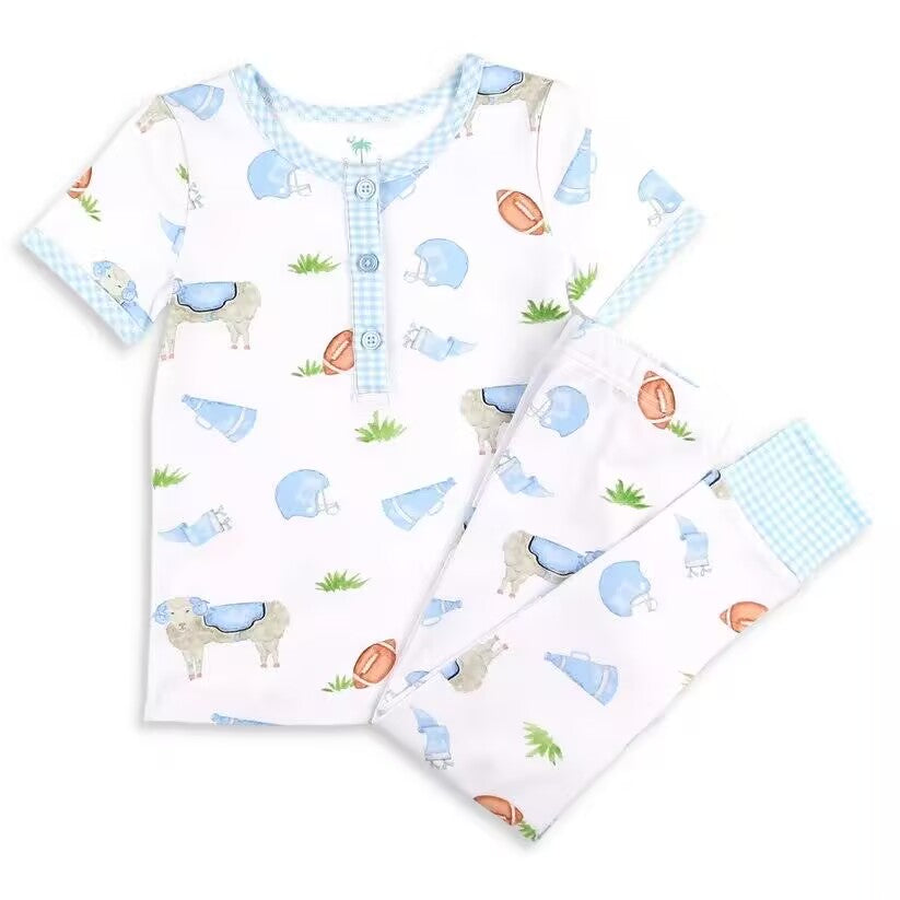 (Custom Design Preorder MOQ 5) Goat Football Blue Plaid Print Kids Pajamas Clothes Set