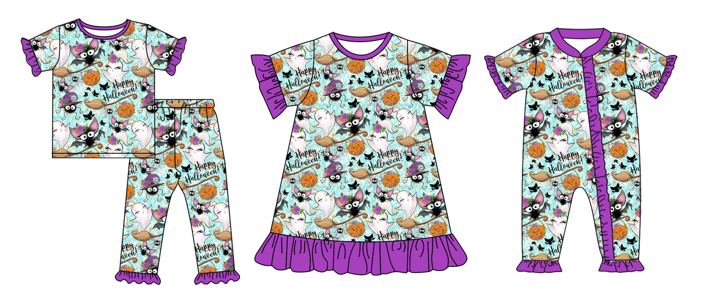 5.1(Custom Design Preorder MOQ 5 Each Design) Ghost Pumpkin Print Girls Halloween Matching Clothes Sisters Wear