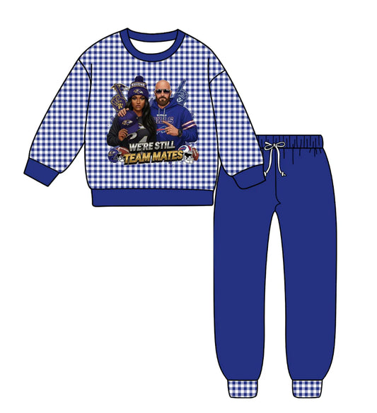 (Custom Design Preorder MOQ 5) Team's RAVENS & Bills Plaid Print Blue Pants Kids Fall Clothes Set