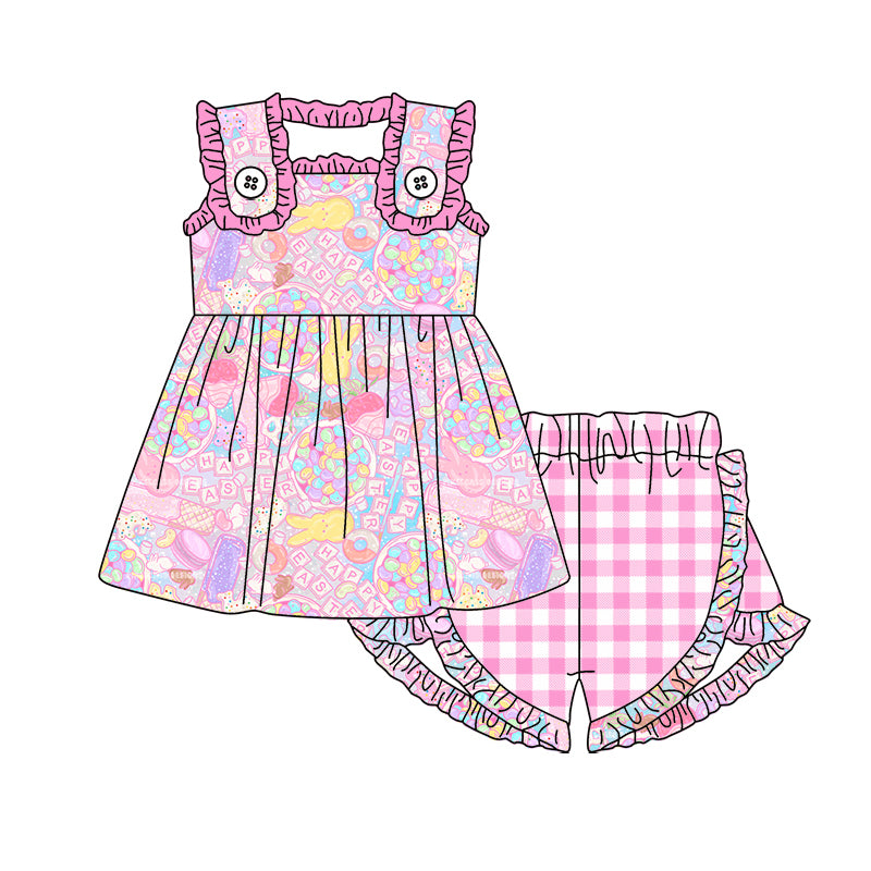 (Custom Design Preorder MOQ 5) Colorful Macaron Bunny Tunic Top Plaid Shorts Girls Easter Clothes Set