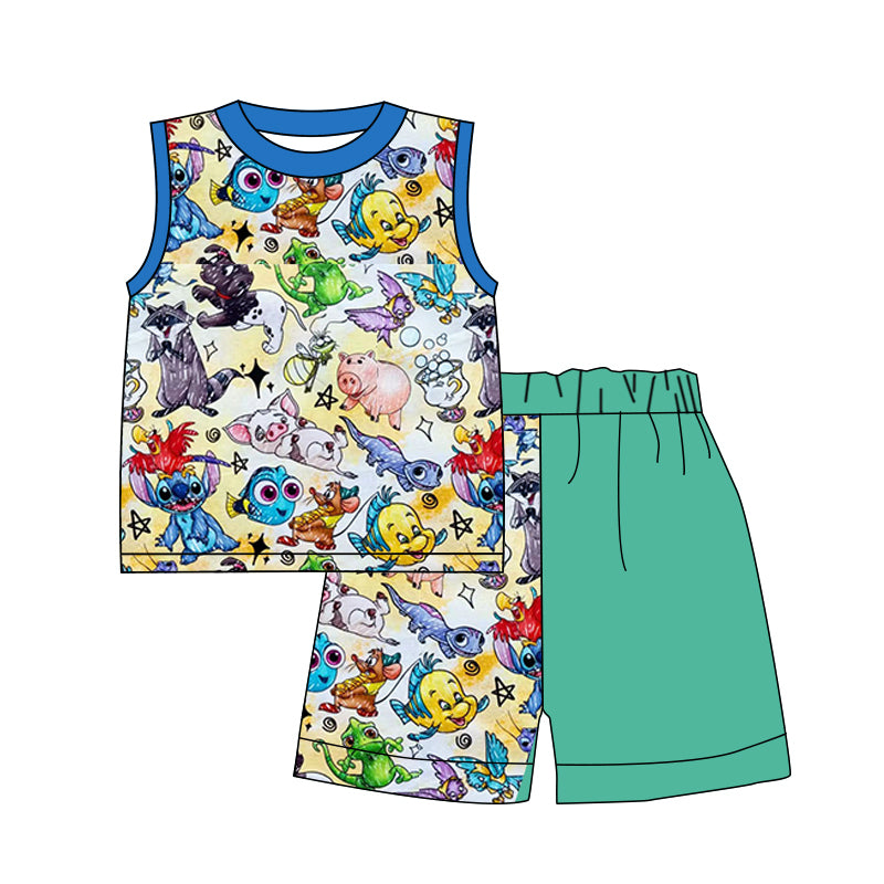 (Custom Design Preorder MOQ 5) Cartoon Animals Sleeveless Top Green Shorts Kids Summer Clothes Set