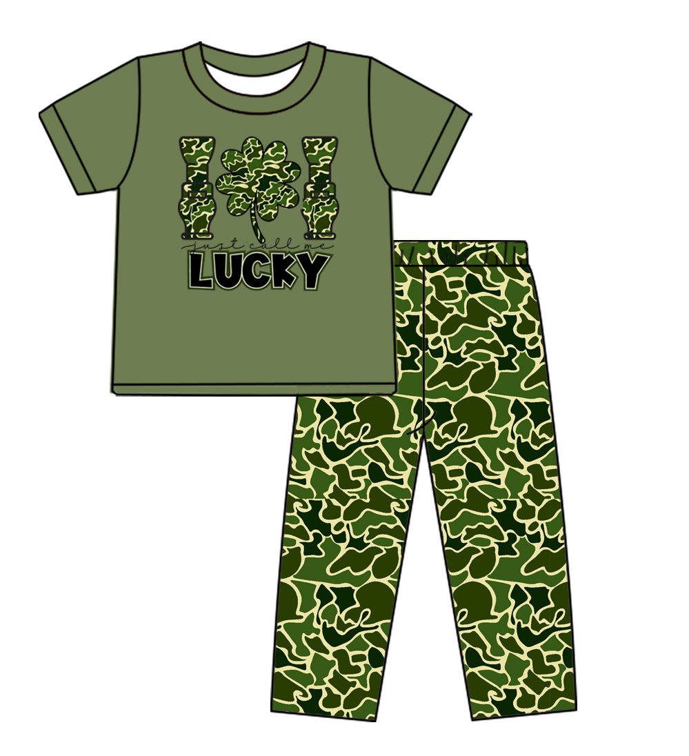 (Custom Design Preorder MOQ 5) Duck Call Lucky Top Green Camo Pants Boys St. Patrick's Day Clothes Set