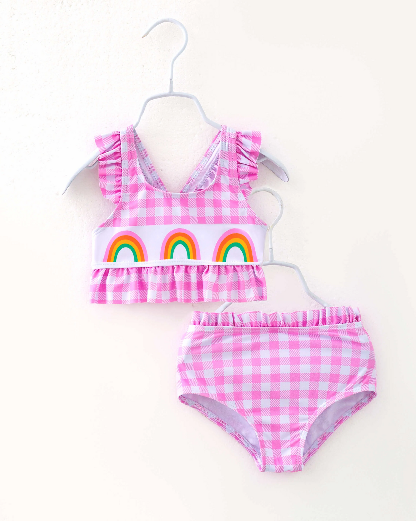 (Custom Design Preorder MOQ 5) Rainbow Pink Plaid Print Girls 2 Piece Swimsuits