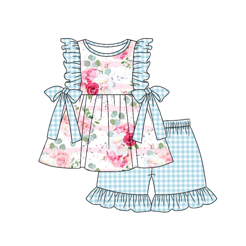 (Custom Design Preorder MOQ 5) Blue Flowers Print Top Ruffle Shorts Girls Summer Clothes Set